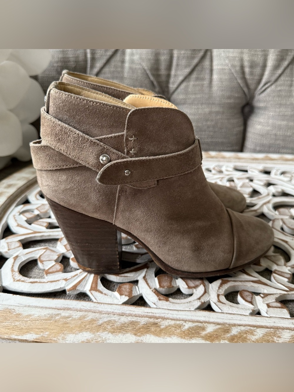 Rag & Bone Taupe Suede Ankle Booties Stacked Heel 38 7.5